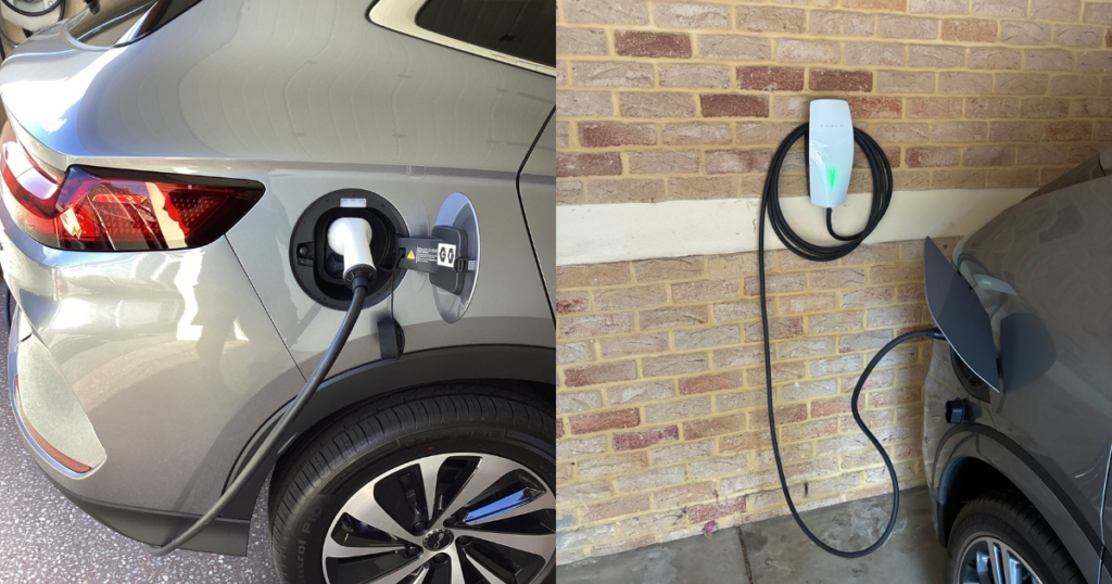 EV charging at home: electric vehicle plugged in via Type 2 connector next to a wall-mounted home charger