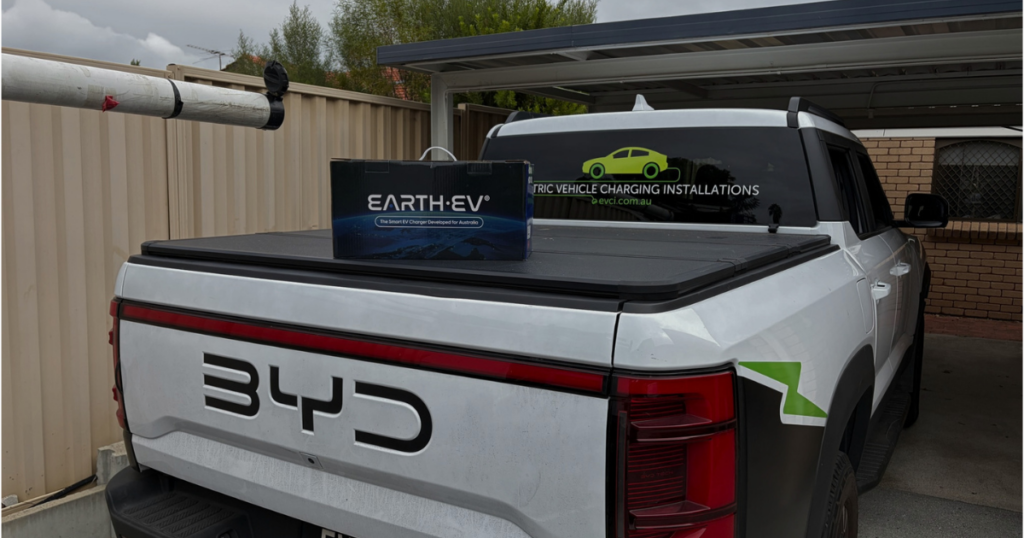 EV charger installation Perth — Earth EV smart charger box on a BYD ute tray