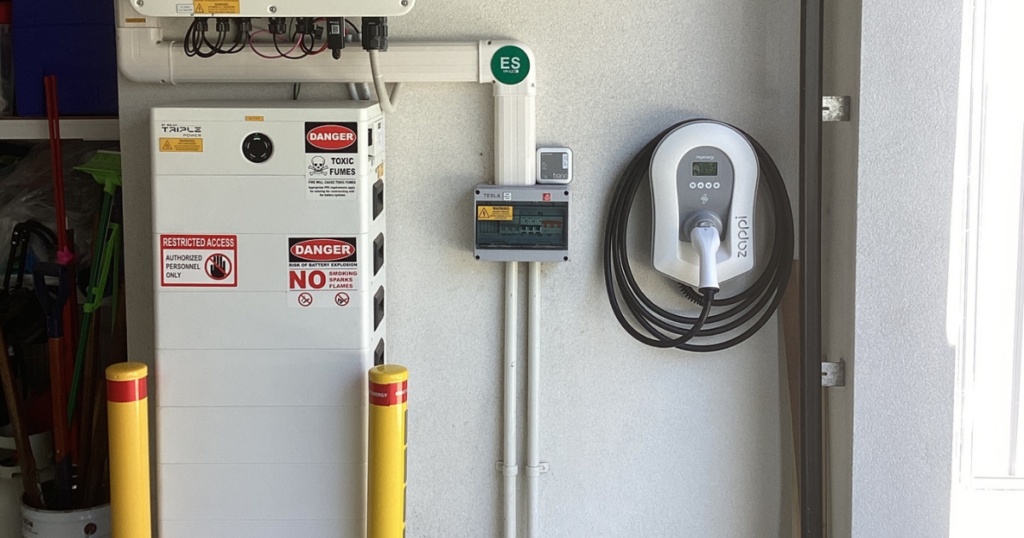 myenergi Zappi EV charger mounted on a garage wall next to a home battery system